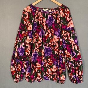 Terra & Sky Womens Dark Floral Top Size 2X Bishop Sleeves Boho Peasant Office